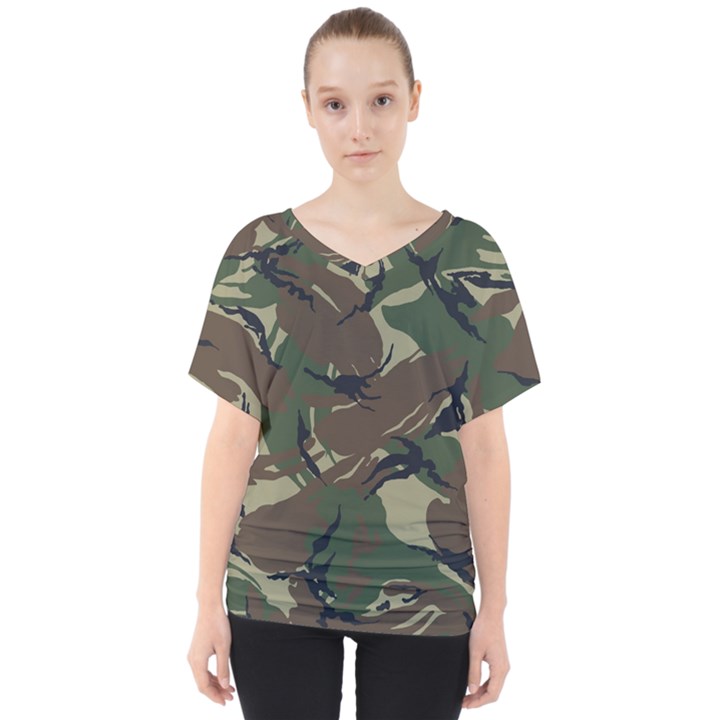 Camouflage Pattern Fabric V-Neck Dolman Drape Top