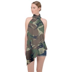 Camouflage Pattern Fabric Halter Asymmetric Satin Top by Bedest