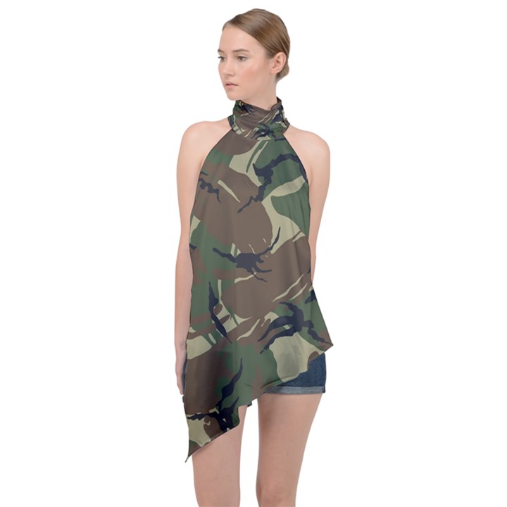 Camouflage Pattern Fabric Halter Asymmetric Satin Top