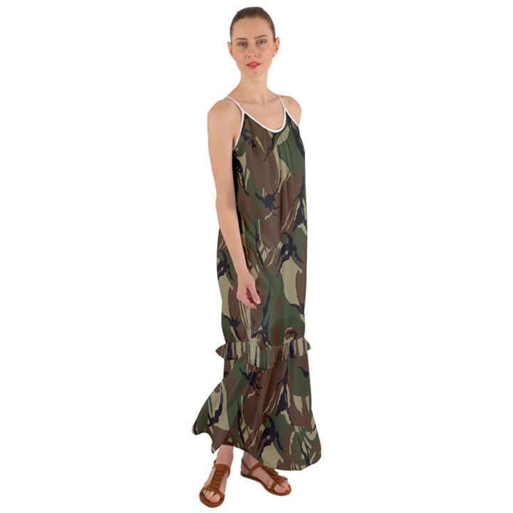 Camouflage Pattern Fabric Cami Maxi Ruffle Chiffon Dress