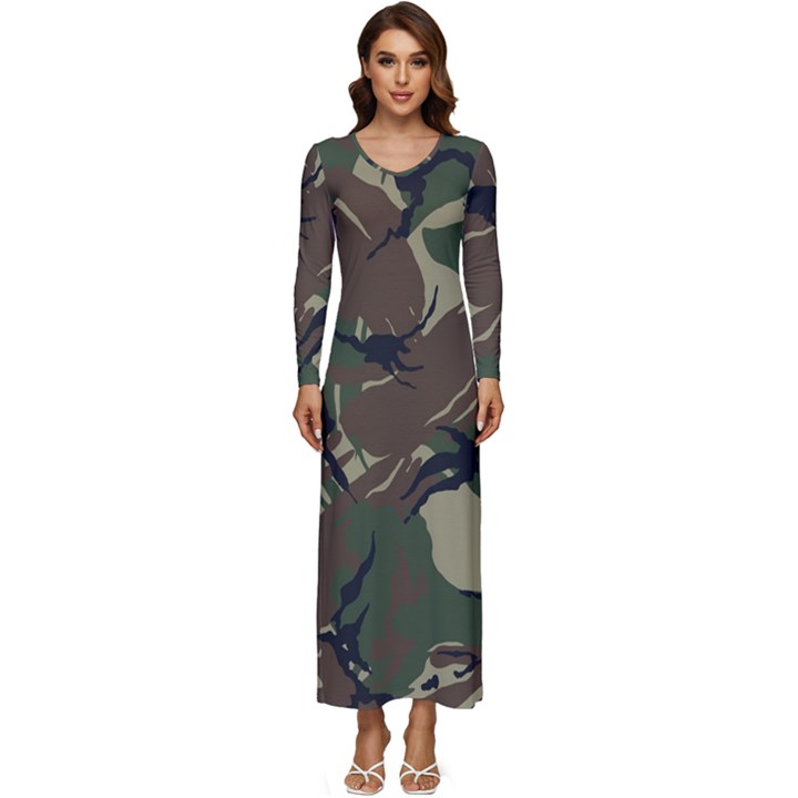 Camouflage Pattern Fabric Long Sleeve Longline Maxi Dress