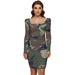 Camouflage Pattern Fabric Women Long Sleeve Ruched Stretch Jersey Dress by Bedest