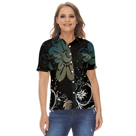 Flower Abstract Desenho Women s Short Sleeve Double Pocket Shirt by Bedest