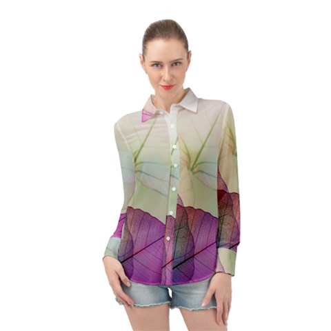 Leaf Desenho Micro Long Sleeve Chiffon Shirt by Bedest