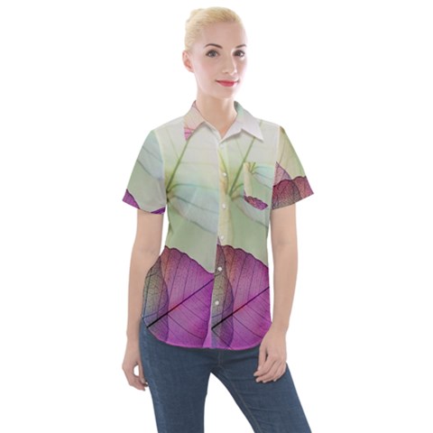 Leaf Desenho Micro Women s Short Sleeve Pocket Shirt by Bedest