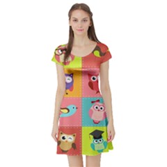 Owls Pattern Abstract Art Desenho Vector Cartoon Short Sleeve Skater Dress by Bedest