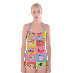 Owls Pattern Abstract Art Desenho Vector Cartoon Boyleg Halter Swimsuit  by Bedest