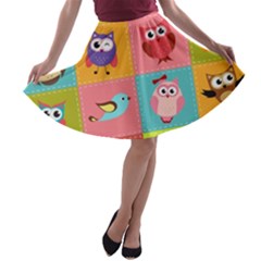 Owls Pattern Abstract Art Desenho Vector Cartoon A-line Skater Skirt by Bedest