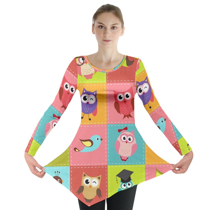 Owls Pattern Abstract Art Desenho Vector Cartoon Long Sleeve Tunic 