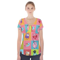 Owls Pattern Abstract Art Desenho Vector Cartoon Short Sleeve Front Detail Top by Bedest