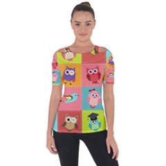 Owls Pattern Abstract Art Desenho Vector Cartoon Shoulder Cut Out Short Sleeve Top by Bedest