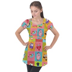 Owls Pattern Abstract Art Desenho Vector Cartoon Puff Sleeve Tunic Top by Bedest