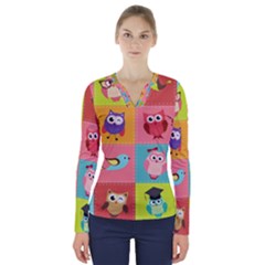 Owls Pattern Abstract Art Desenho Vector Cartoon V-neck Long Sleeve Top by Bedest