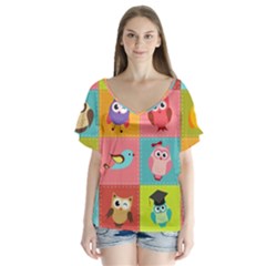 Owls Pattern Abstract Art Desenho Vector Cartoon V-neck Flutter Sleeve Top by Bedest