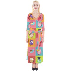 Owls Pattern Abstract Art Desenho Vector Cartoon Quarter Sleeve Wrap Maxi Dress by Bedest