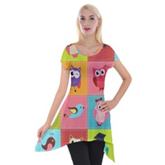 Owls Pattern Abstract Art Desenho Vector Cartoon Short Sleeve Side Drop Tunic by Bedest