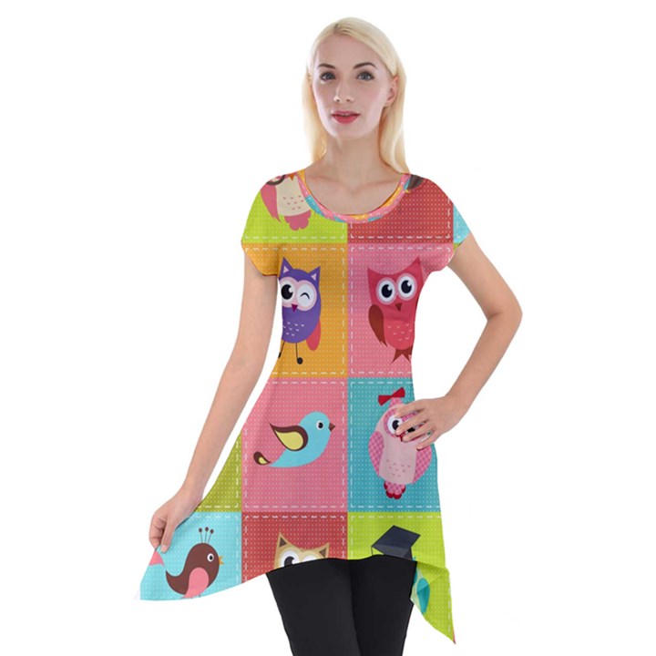 Owls Pattern Abstract Art Desenho Vector Cartoon Short Sleeve Side Drop Tunic