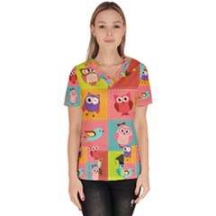 Owls Pattern Abstract Art Desenho Vector Cartoon Women s V-neck Scrub Top by Bedest