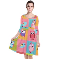 Owls Pattern Abstract Art Desenho Vector Cartoon Quarter Sleeve Waist Band Dress by Bedest