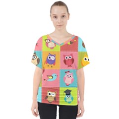 Owls Pattern Abstract Art Desenho Vector Cartoon V-neck Dolman Drape Top by Bedest