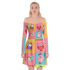 Owls Pattern Abstract Art Desenho Vector Cartoon Off Shoulder Skater Dress by Bedest