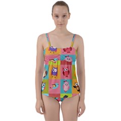 Owls Pattern Abstract Art Desenho Vector Cartoon Twist Front Tankini Set by Bedest