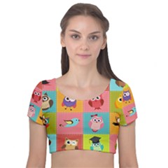 Owls Pattern Abstract Art Desenho Vector Cartoon Velvet Short Sleeve Crop Top  by Bedest