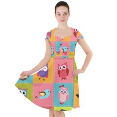 Owls Pattern Abstract Art Desenho Vector Cartoon Cap Sleeve Midi Dress