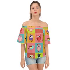 Owls Pattern Abstract Art Desenho Vector Cartoon Off Shoulder Short Sleeve Top by Bedest