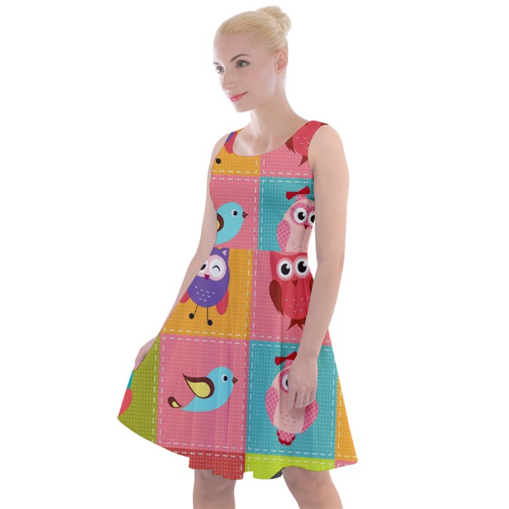 Owls Pattern Abstract Art Desenho Vector Cartoon Knee Length Skater Dress