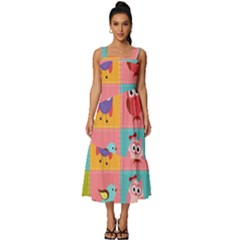 Owls Pattern Abstract Art Desenho Vector Cartoon Square Neckline Tiered Midi Dress by Bedest