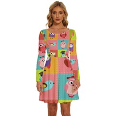 Owls Pattern Abstract Art Desenho Vector Cartoon Long Sleeve Wide Neck Velvet Dress by Bedest