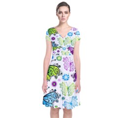 Butterflies Abstract Background Colorful Desenho Vector Short Sleeve Front Wrap Dress