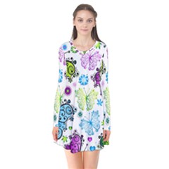 Butterflies Abstract Background Colorful Desenho Vector Long Sleeve V-neck Flare Dress by Bedest