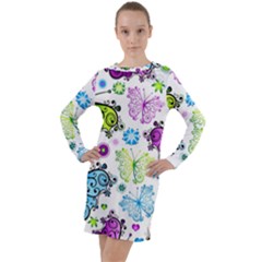 Butterflies Abstract Background Colorful Desenho Vector Long Sleeve Hoodie Dress by Bedest