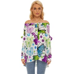 Butterflies Abstract Background Colorful Desenho Vector Off Shoulder Chiffon Pocket Shirt by Bedest