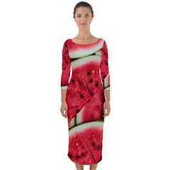 Watermelon Fruit Green Red Quarter Sleeve Midi Bodycon Dress by Bedest