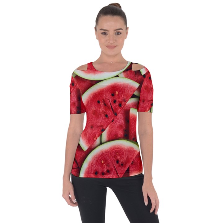 Watermelon Fruit Green Red Shoulder Cut Out Short Sleeve Top