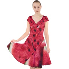 Watermelon Fruit Green Red Cap Sleeve Front Wrap Midi Dress by Bedest