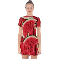 Watermelon Fruit Green Red Drop Hem Mini Chiffon Dress by Bedest