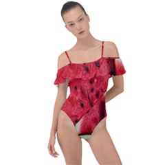 Watermelon Fruit Green Red Frill Detail One Piece Swimsuit by Bedest