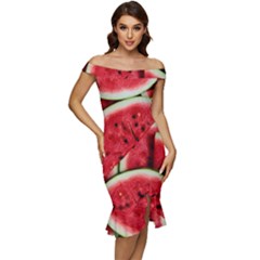 Watermelon Fruit Green Red Off Shoulder Ruffle Split Hem Bodycon Dress by Bedest