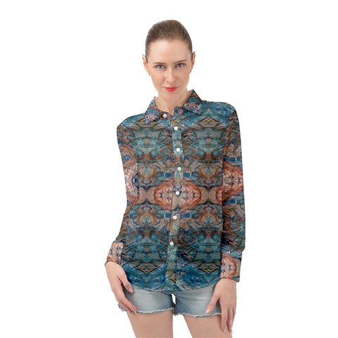 Blue Arabesque Long Sleeve Chiffon Shirt by kaleidomarblingart