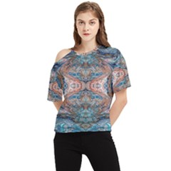 Blue Arabesque One Shoulder Cut Out T-shirt by kaleidomarblingart