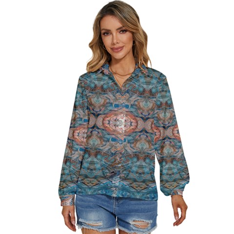 Blue Arabesque Women s Long Sleeve Button Up Shirt by kaleidomarblingart