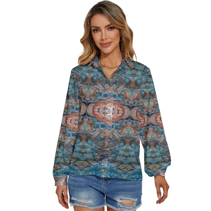 Blue arabesque Women s Long Sleeve Button Up Shirt