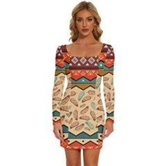 Ethnic-tribal-pattern-background Long Sleeve Square Neck Bodycon Velvet Dress