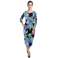 Chromatic Creatures Dance Wacky Pattern Quarter Sleeve Midi Velour Bodycon Dress