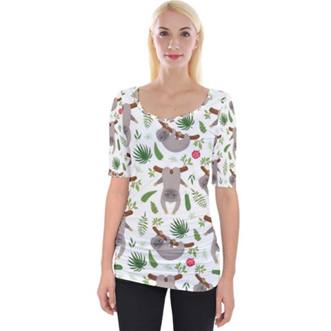 Seamless Pattern With Cute Sloths Wide Neckline T-shirt by Ndabl3x