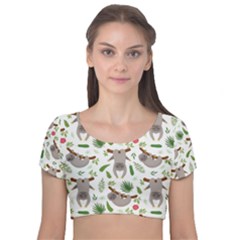 Seamless Pattern With Cute Sloths Velvet Short Sleeve Crop Top  by Ndabl3x